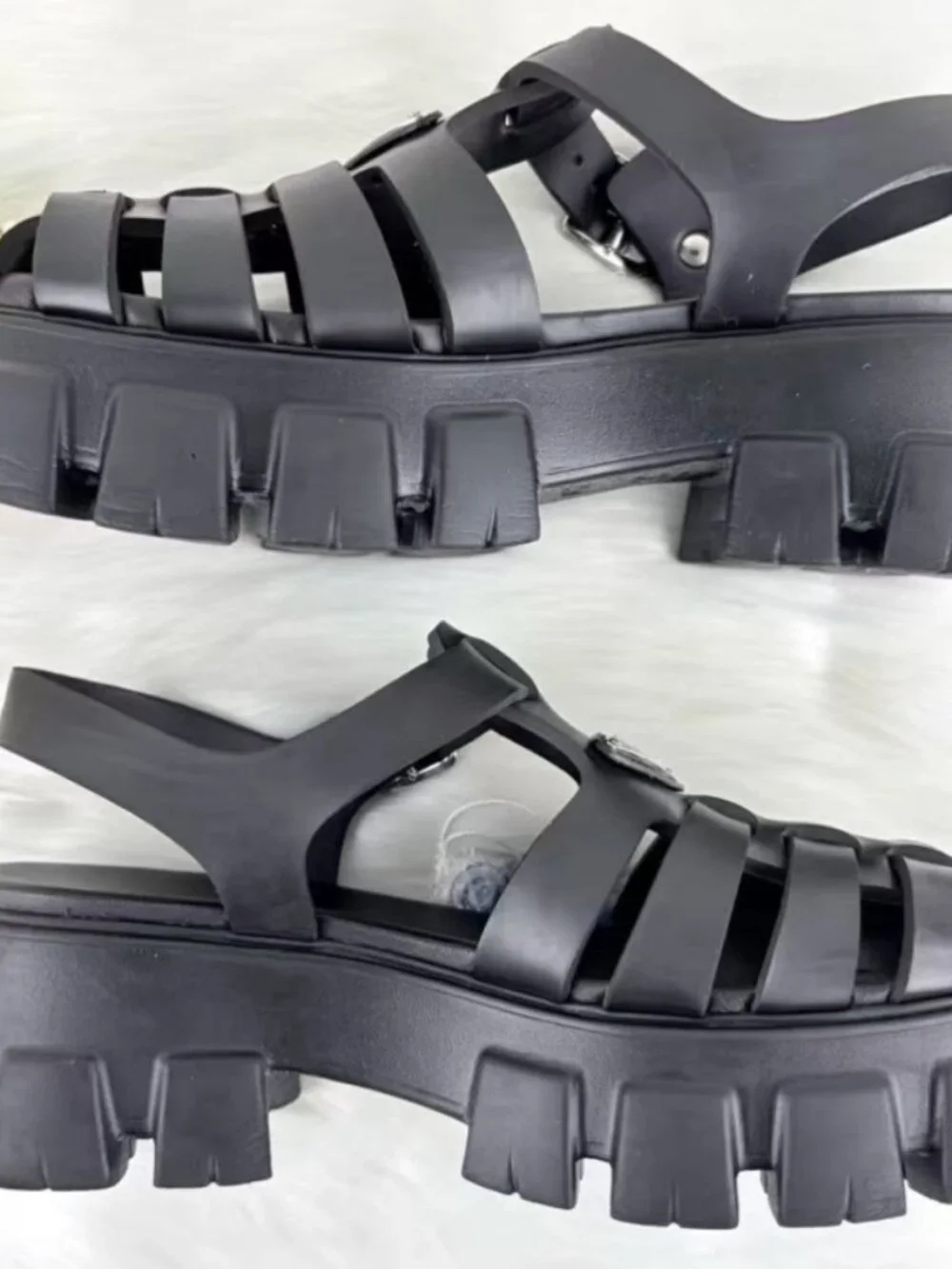 Prada Black Woven Cage Platform Lug Sole Slingback Sandals